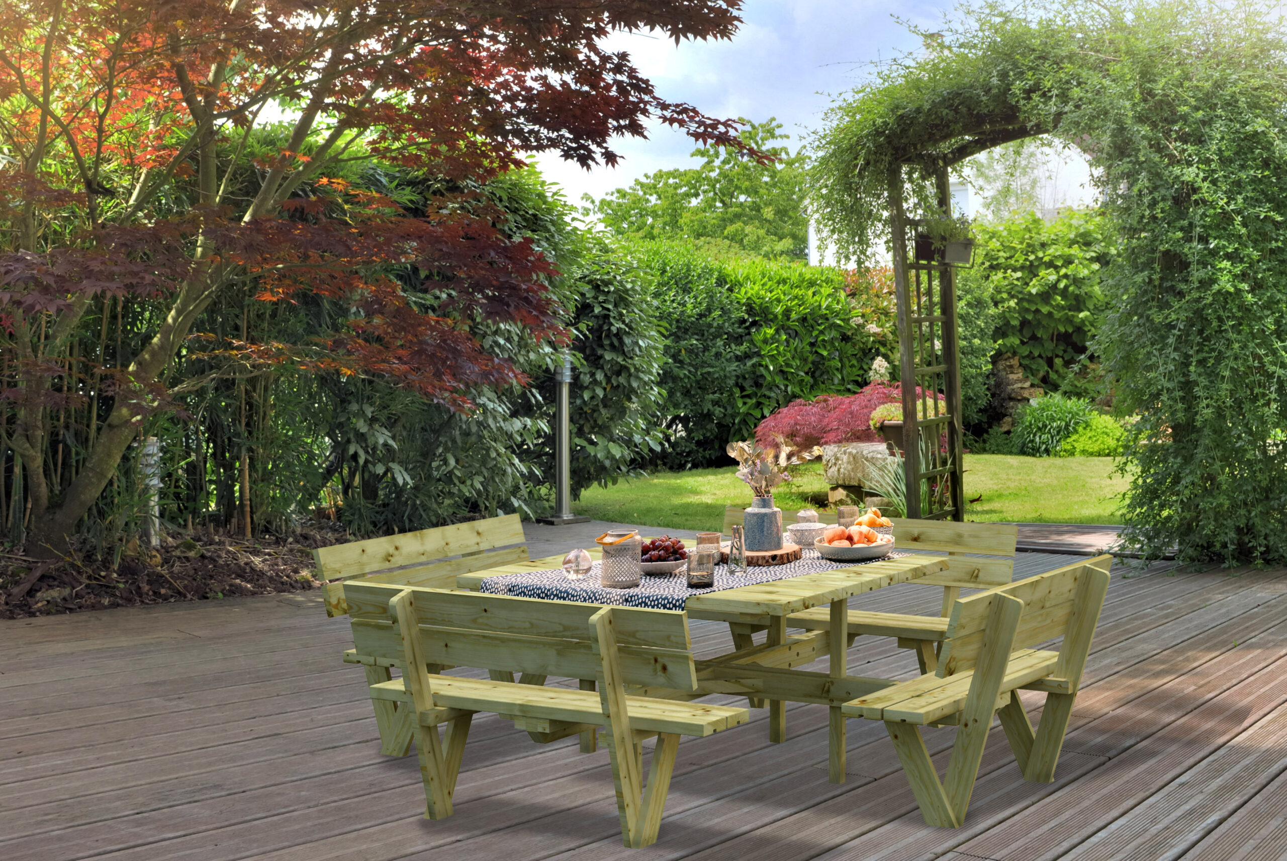 wooden terrace in a garden with japanese maple foliage