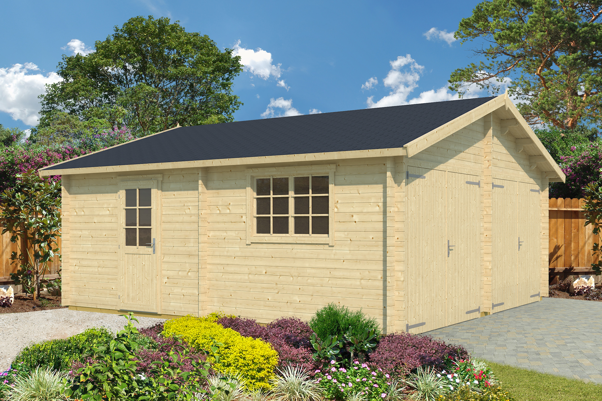 Autotalli Falkland puisilla tallin ovilla