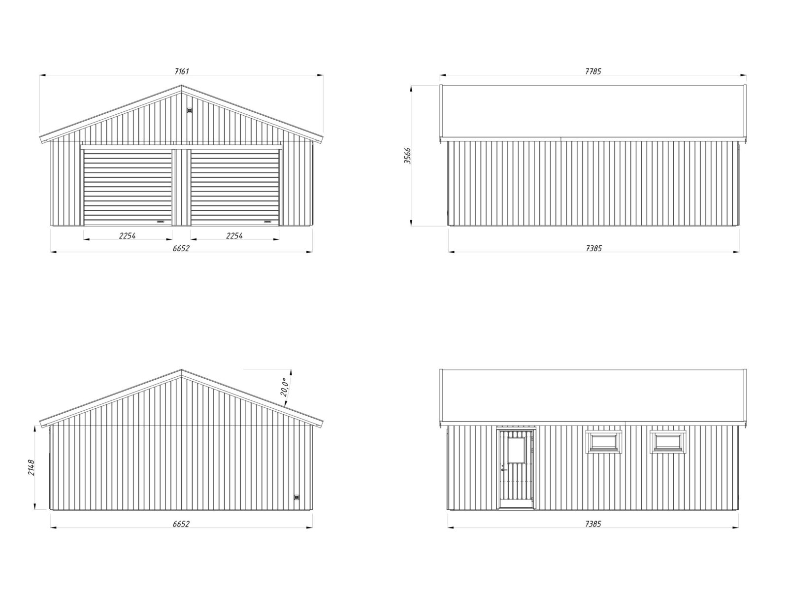 Andre_44.7_m2_with_sectional_door_4xviews_measures