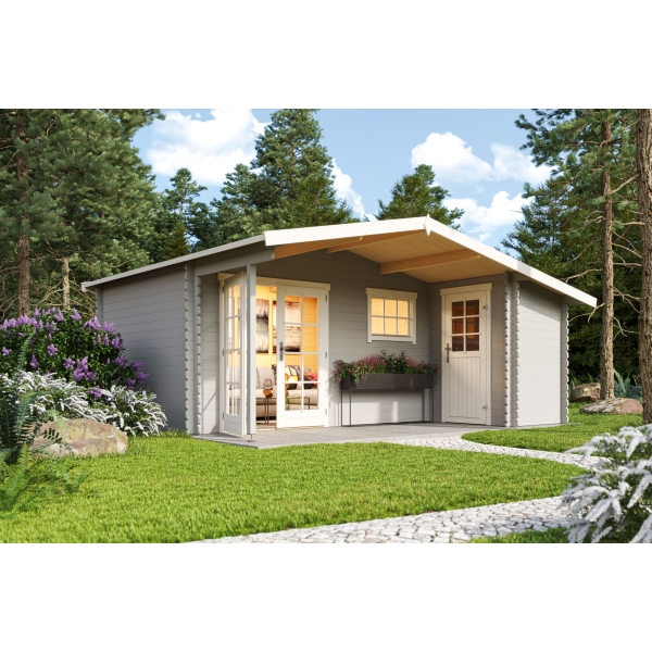 Aiamaja helehall Volle 15,1 m² kuuriga ja katusealusega