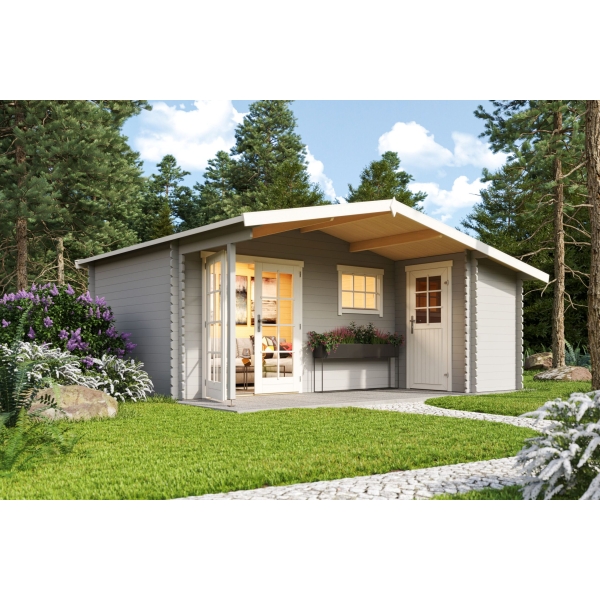 Vierasmaja Volle 15,1 m² varastotilalla + katos 5,9 m² vaaleanharmaa