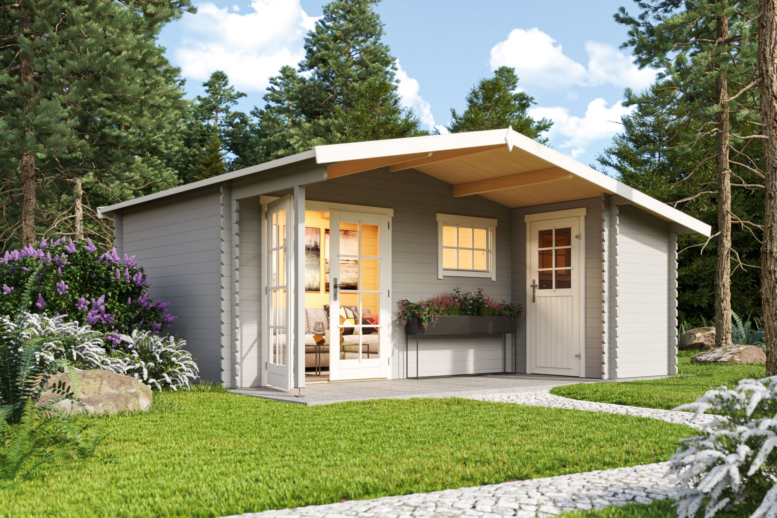 Vierasmaja Volle 15,1 m² varastotilalla + katos 5,9 m² vaaleanharmaa