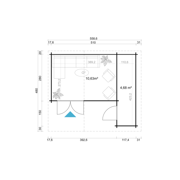 Aiamaja Volle 15,1 m² kuuriga ja katusealusega joonis