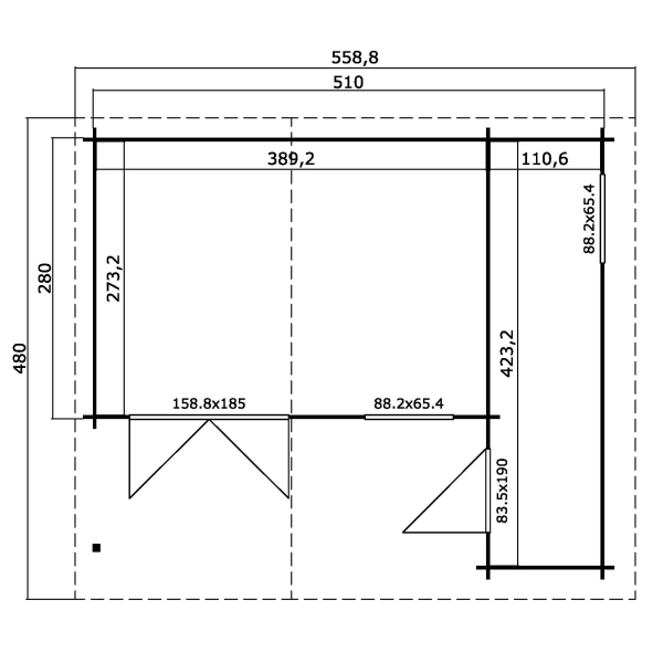 Vierasmaja Volle 15,1 m² varastotilalla + katos 5,9 m² mitat