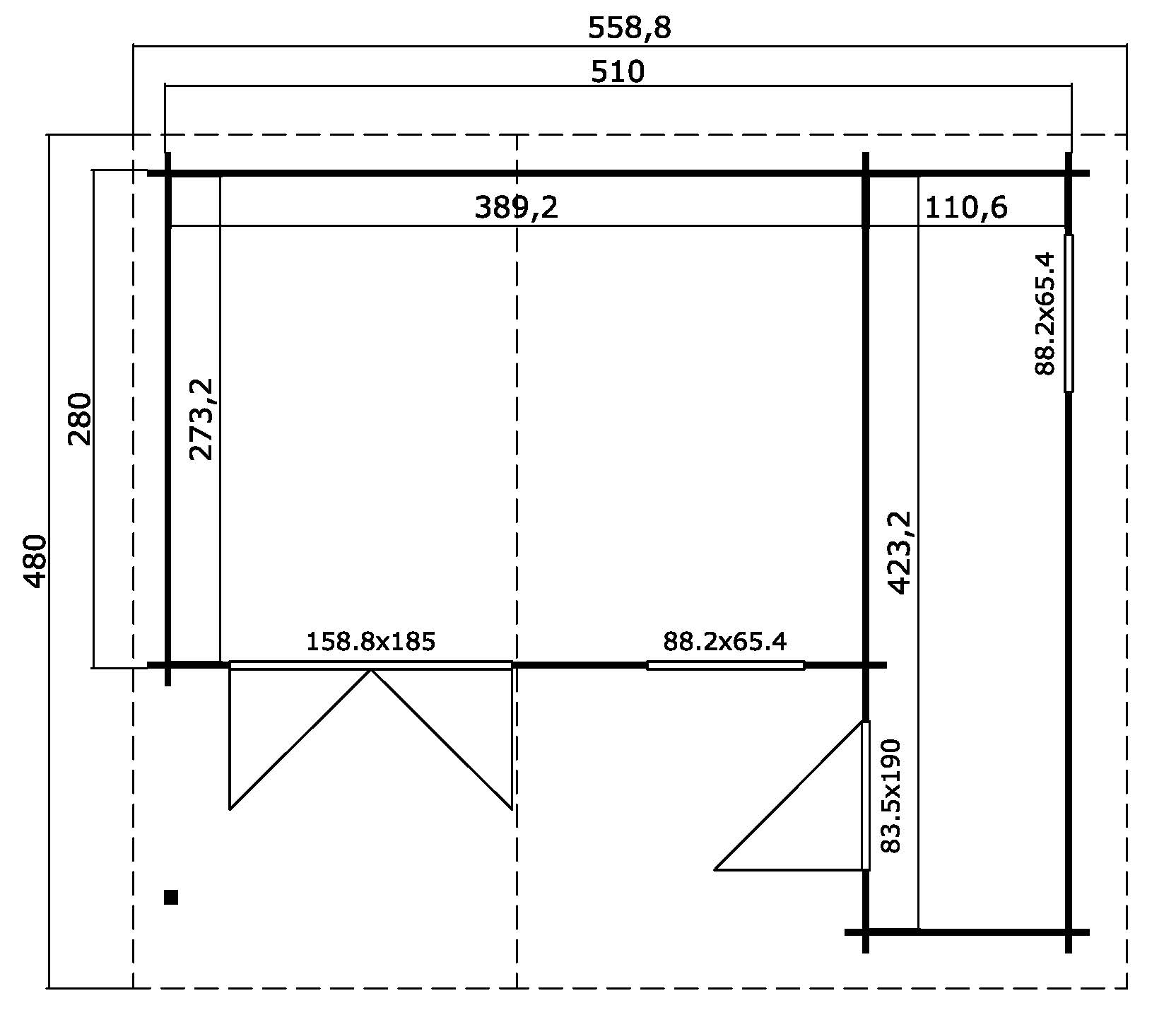 Vierasmaja Volle 15,1 m² varastotilalla + katos 5,9 m² mitat
